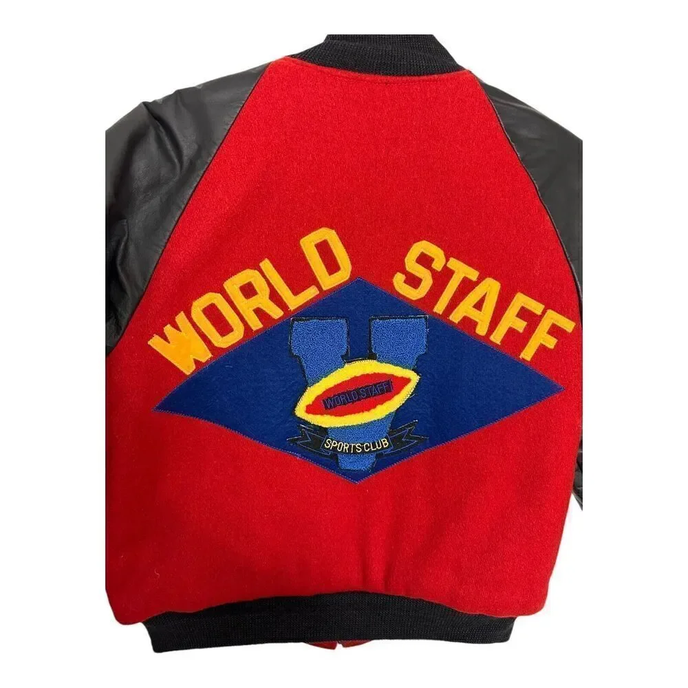 Bloomingdale's Varsity Jacket Boys Medium Red‎ Black Excellent World Staff Patch